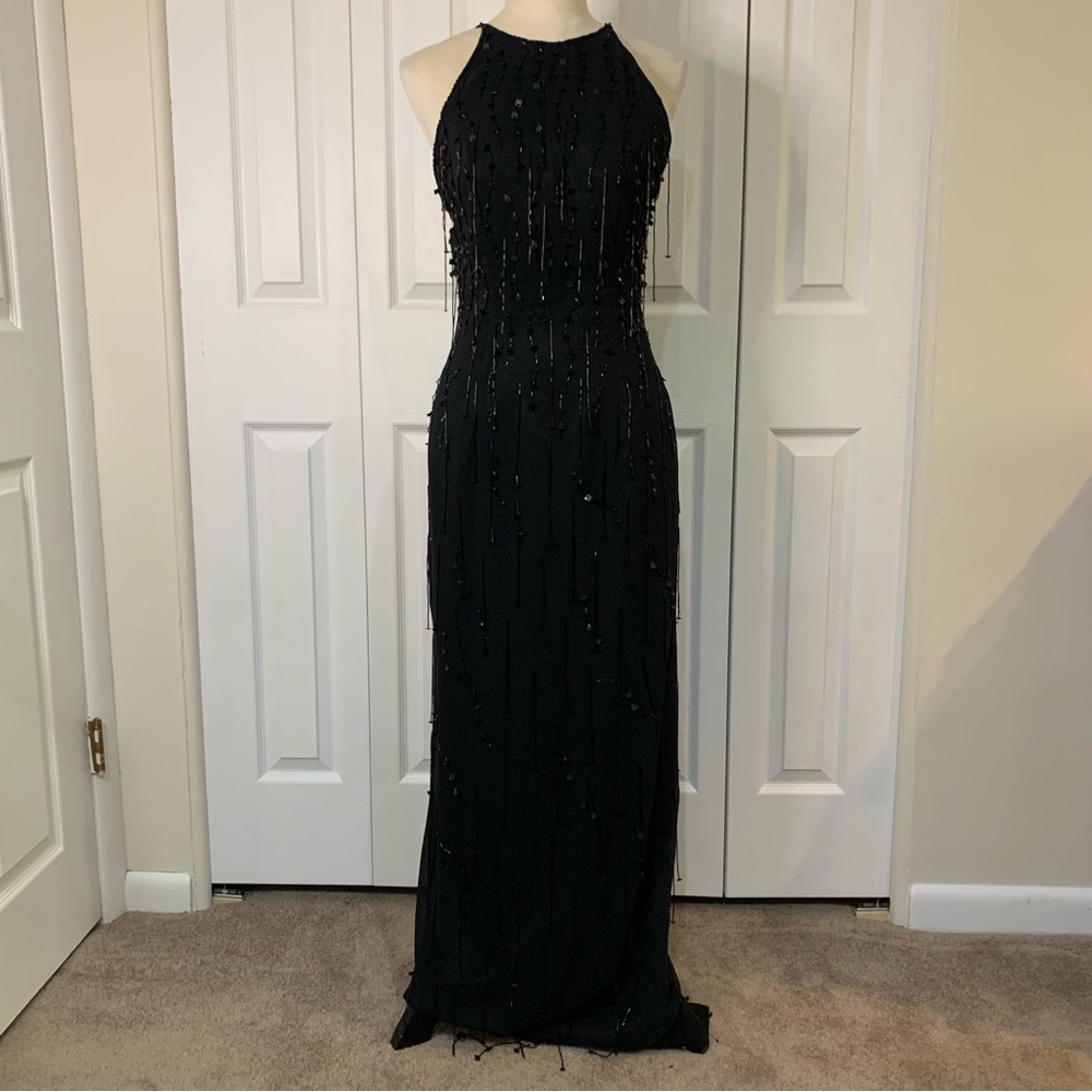 Stone Ferris Sterling Sz10 Black Sequin beaded gown with gorgeous webbed back